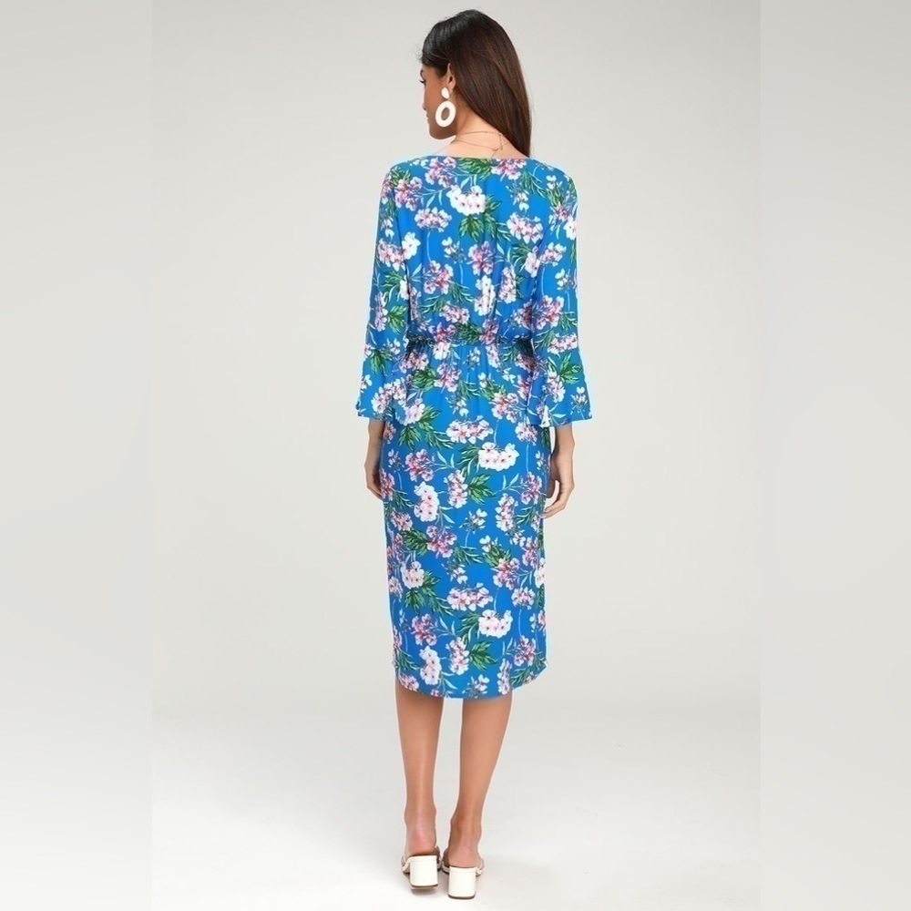 Lulu's Bright Blue Floral Wrap Midi Dress - Picture 2 of 8